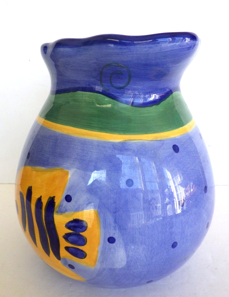 Haussen Ware Glazed Ceramic Handled Pitcher Nautical Fish Motif 80 oz.