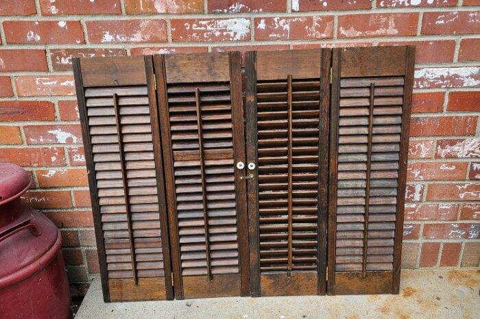 Vintage Wood Shutters Set Louvered Brass Hook White Knobs