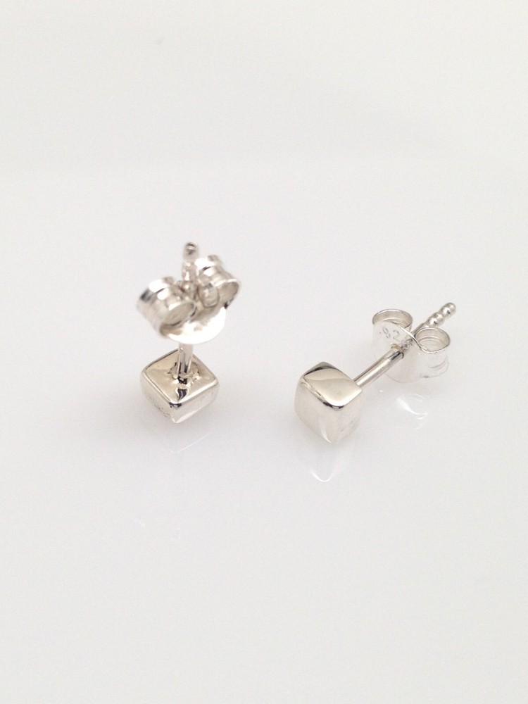 Solid Cube Stud Earrings 925 Sterling Silver Dainty Post Stud Mens Womens 3.5mm