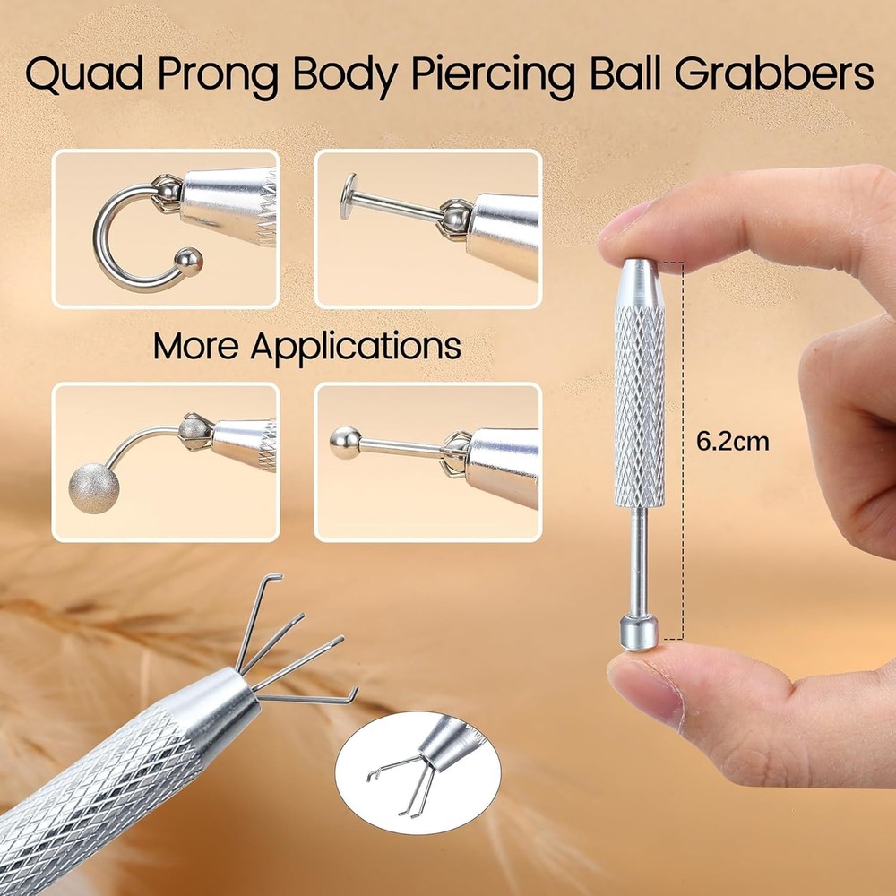 Body Piercing Kit with Threadless Insertion Pin and Grabber Tool for Flat Backs