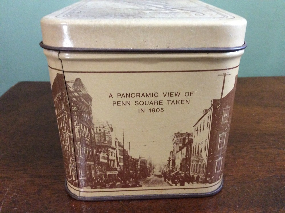 Lancaster County Candy Hinged Tin Panoramic View Penn Square 1905 on side ✔