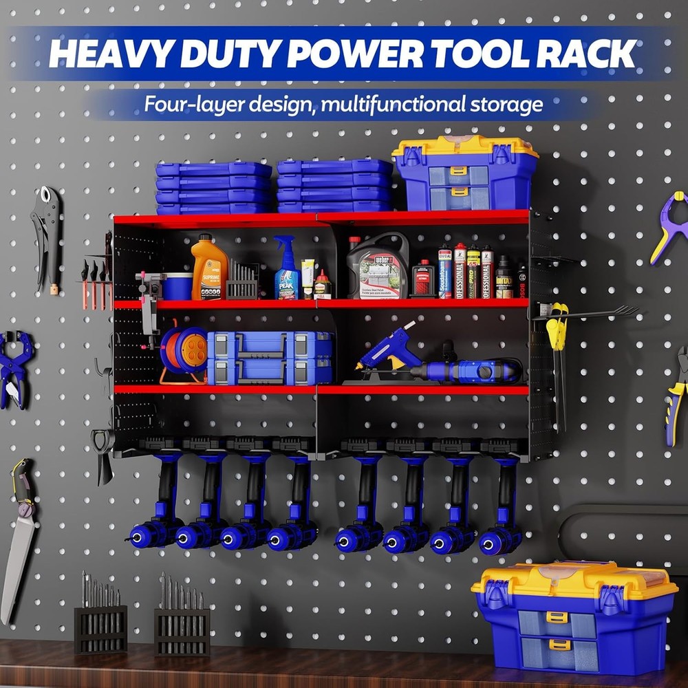 Large Power Tool Organizer Wall Mount, 4 Layer Storage Rack with 8 Drill
