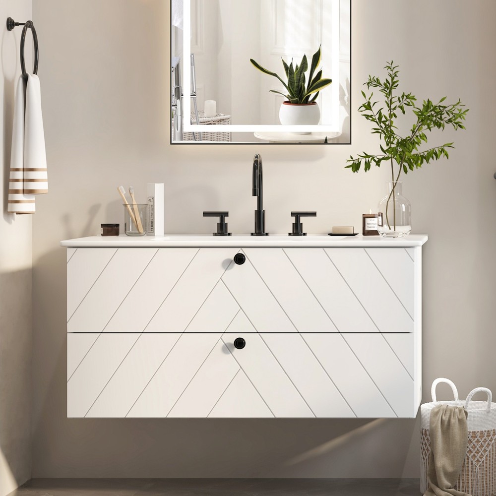 36" 30" 24" Wall Mounted Bathroom Vanity Cabinet with Ceramic Sink Combo White