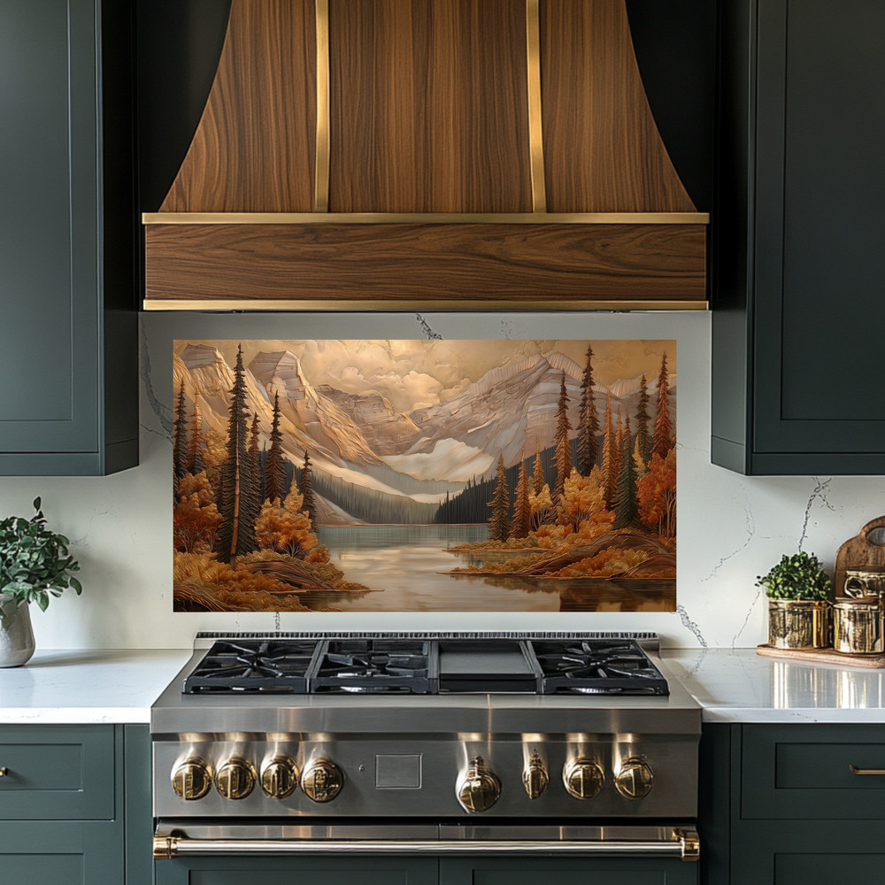 Pine Tree and Mountain Glass Backsplash, Tempered Glass Kitchen Splashback