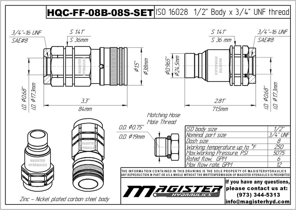1/2″ Flat Face Hydraulic Quick Couplers Set - 1/2″ SAE Thread