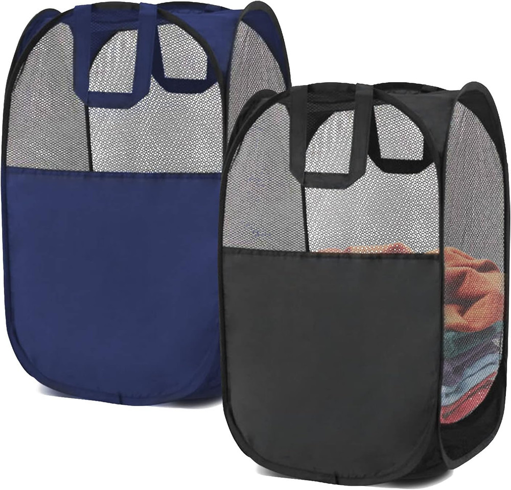2 Pop-Up Foldable Mesh Laundry Baskets (Each with 2 Reinforced Handles), Black +
