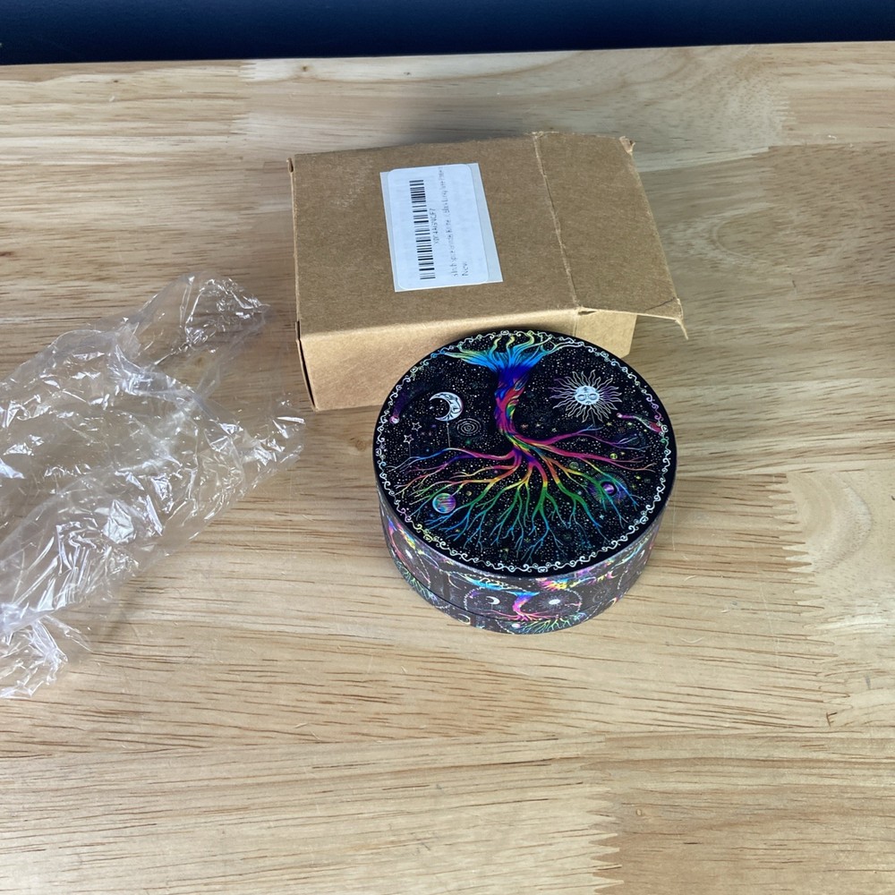 3” Boho Spice Grinder, Cool Black Lucky Tree Pattern, Sun, Moon, Psychedelic