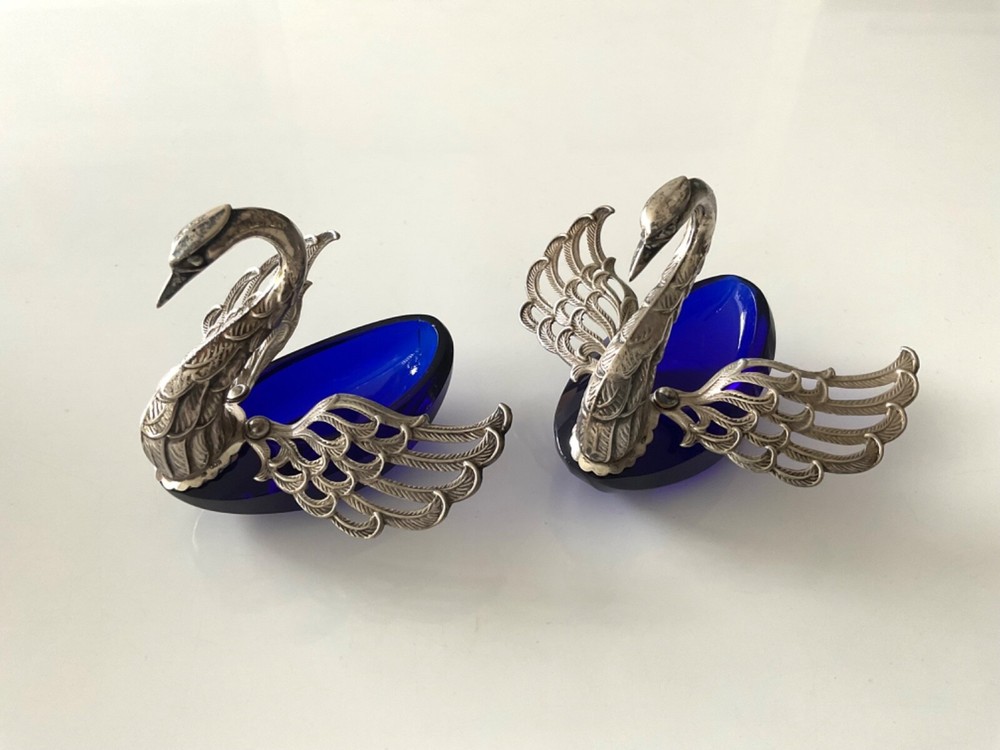 Rare Solid 800 Silver & Cobalt Blue Swans Master Salt Cellar Caviar Bowl 2/PS