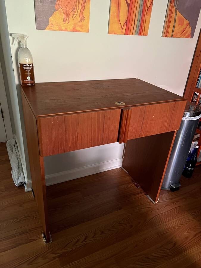 Danish Teak Vanity Table Flip Up Top with Mirror and Storage Makeup Table SM