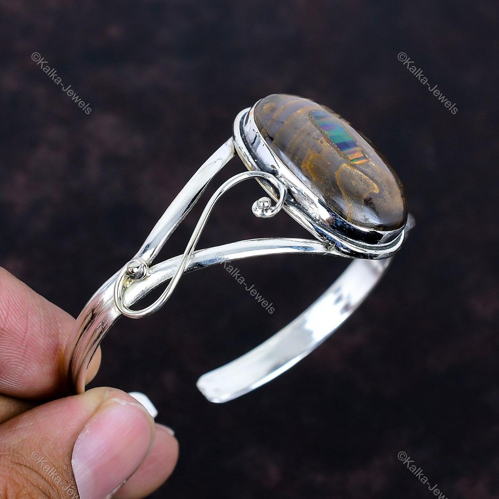 Natural Ethopian Opal In Boulder Opal Bezel Bangle Bracelet 925 Sterling Silver