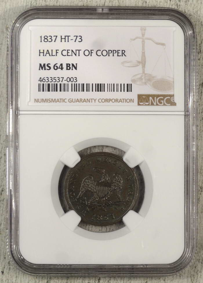 1837 Half Cent Token, HT-73, Choice Uncirculated, NGC MS-64BN, Nice