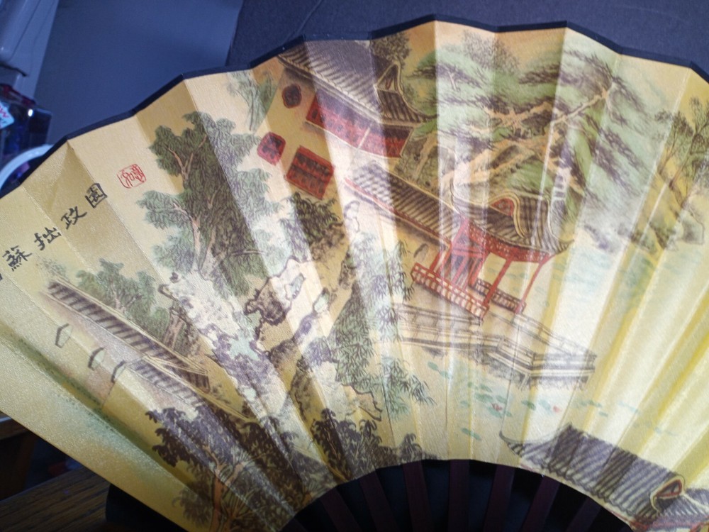 Asian Themed Fan Red Wood Handle