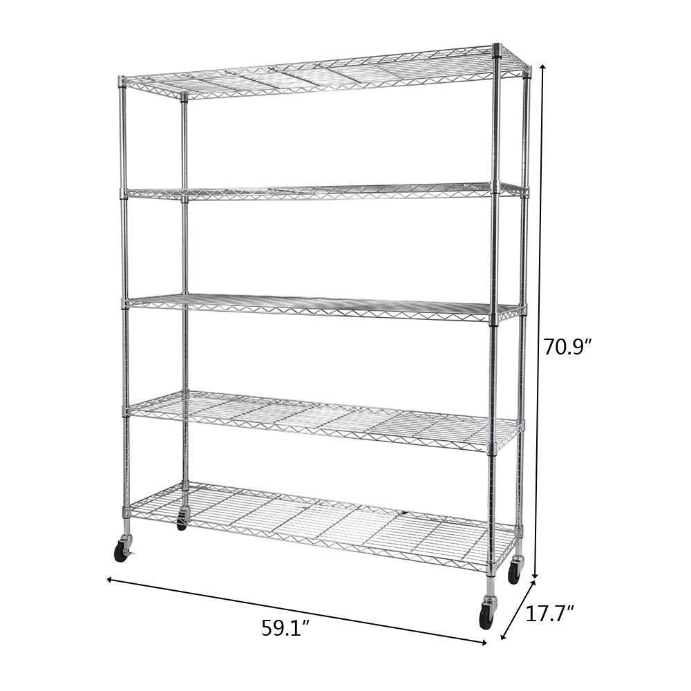 5 Tier Wire Rolling Shelving Unit on Wheels Adjustable Storage Rolling Wire Rack