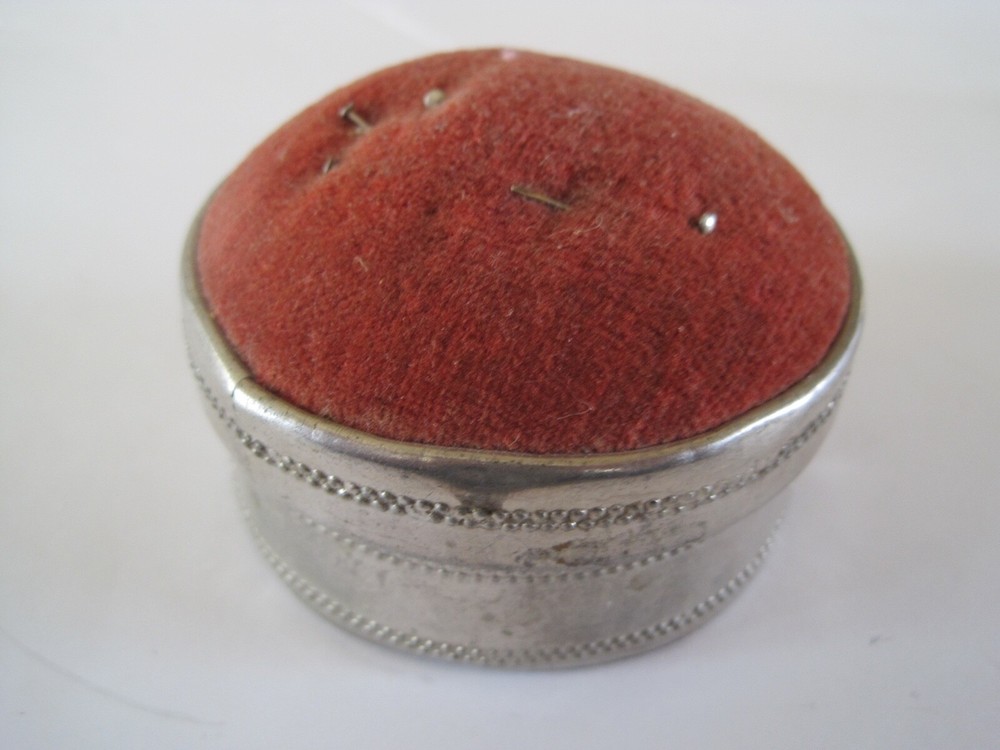 Pin Cushion w/ Thread Inside Paper Bottom Silver Tone