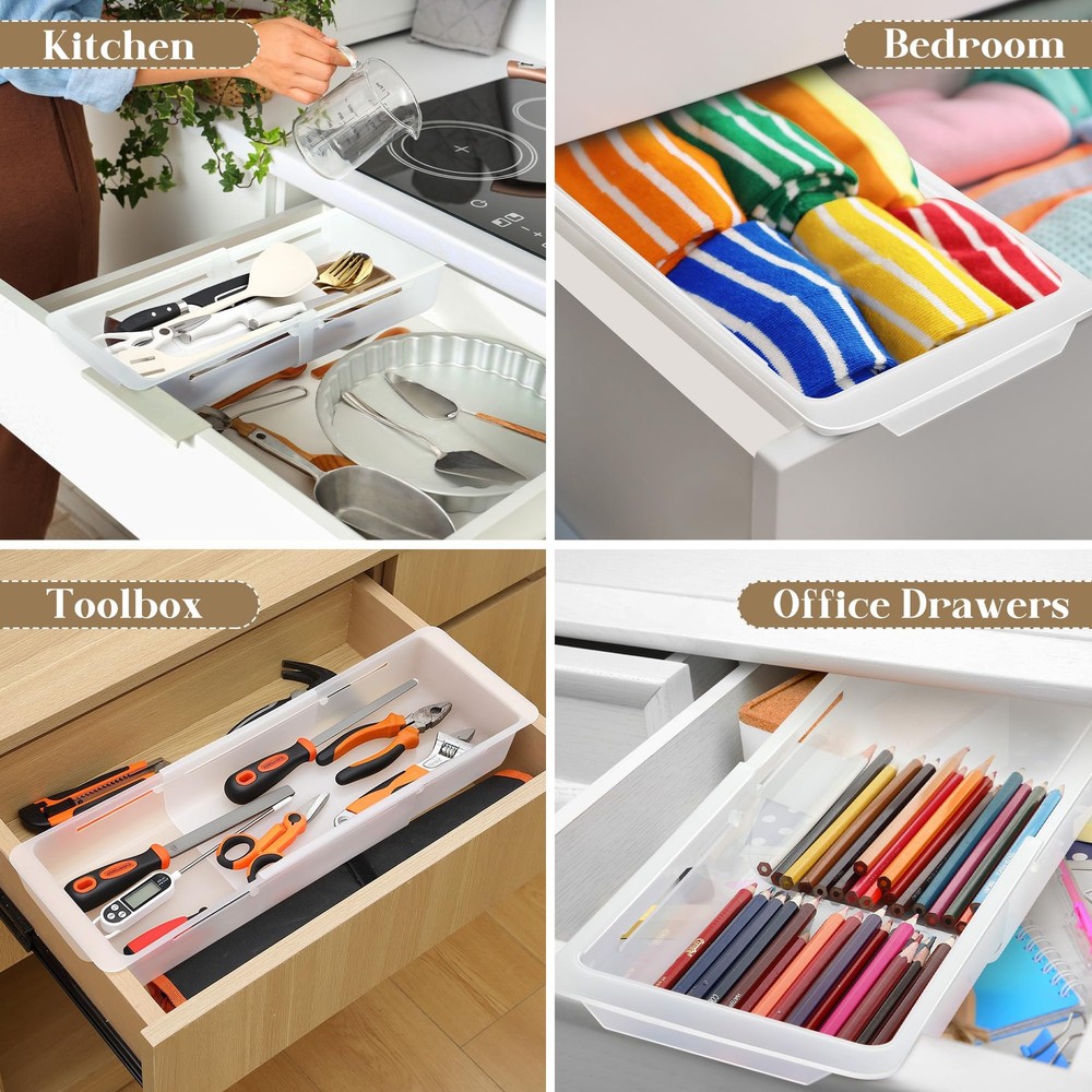 2 Pack Deep Drawer Organizer Bins, Adjustable Sliding Drawer Organizer Bin Ex...