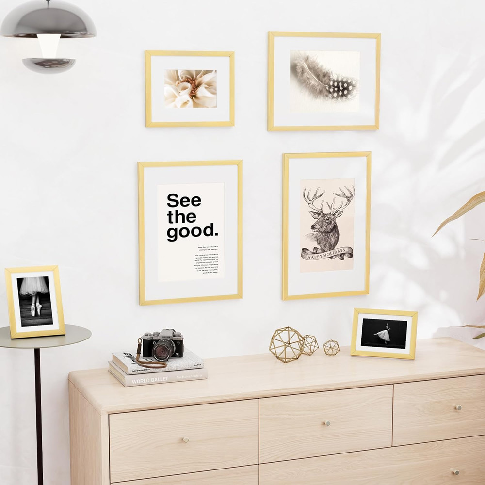 Gold 16x24 Picture Frame Set, 12x18 Mat, Plexiglass, 5 Pack, Vertical/Horizontal