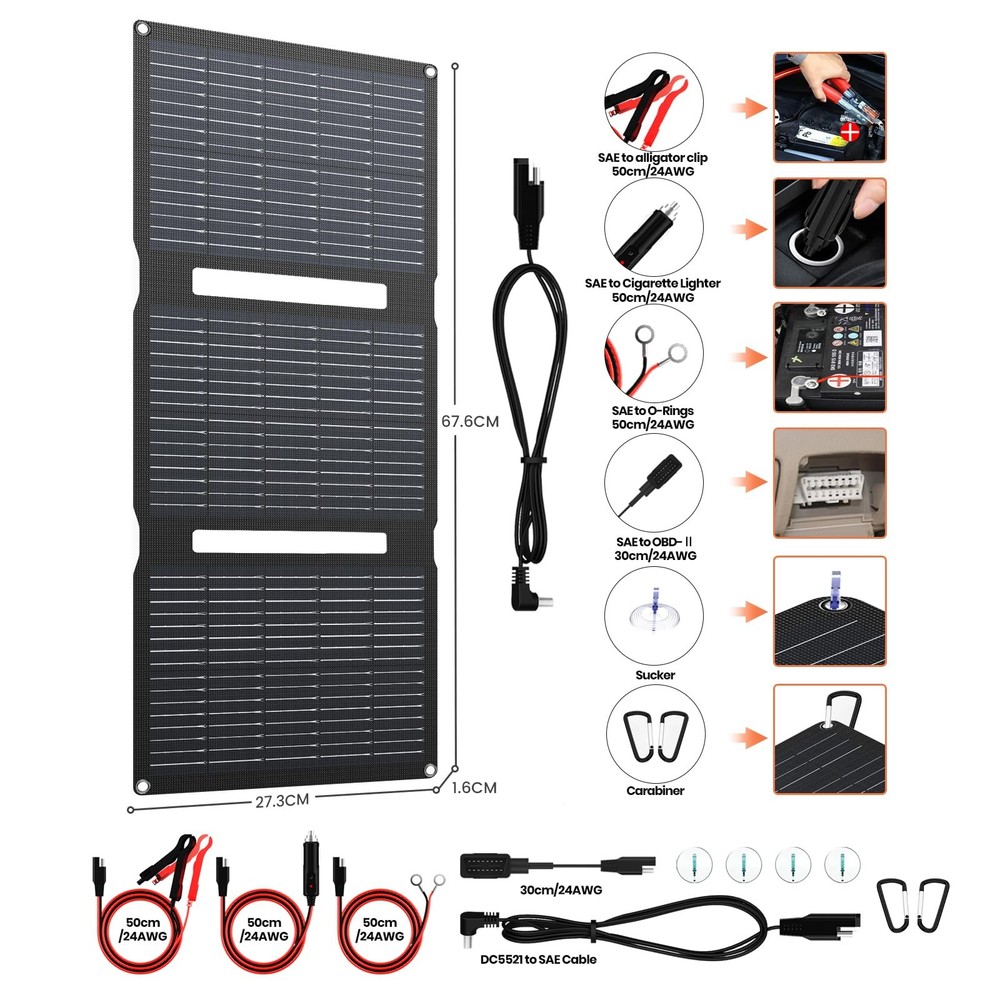 15W Solar Panel Charger Maintainer Kit - USB & 12V DC Output with Accessories