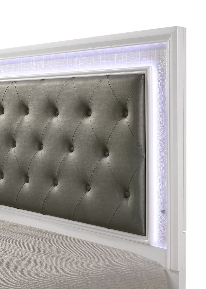 Modern 3pc White Finish LED Backlit Headboard Panel Twin Bed 2x Nightstand set