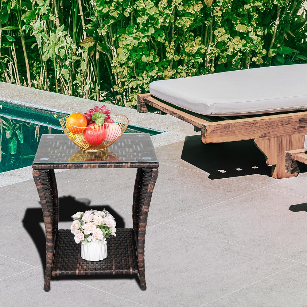 Glass Surface Brown Gradient Iron Frame Rattan Side Table,free ship