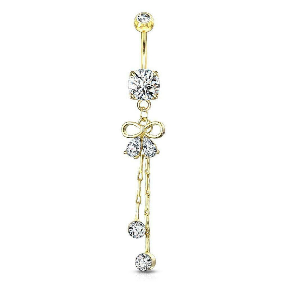 Two Pear CZ Ribbon with Round Crystal on Chain Dangle Design Belly Button