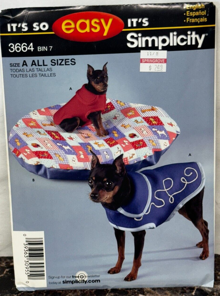 Simplicity Pattern Dog Coats Beds Three Size Its So Easy Uncut #3664 Sewing