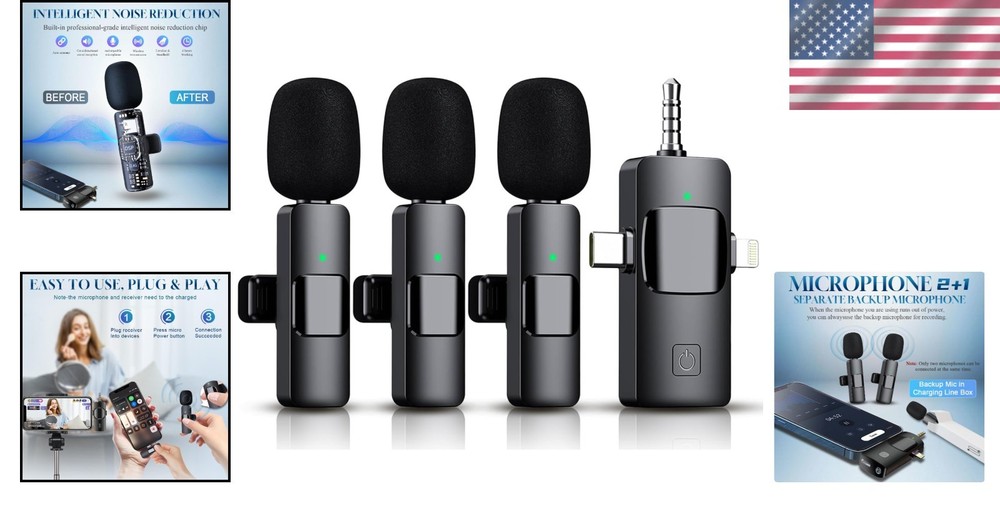 2024 3-in-1 Wireless Lavalier Microphone Kit for iPhone & Android