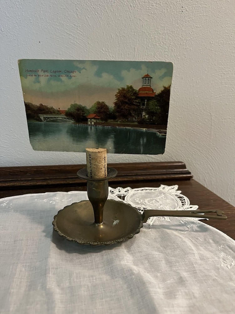 Brass Handled Candlestick Using Wine Cork As Postcard Display