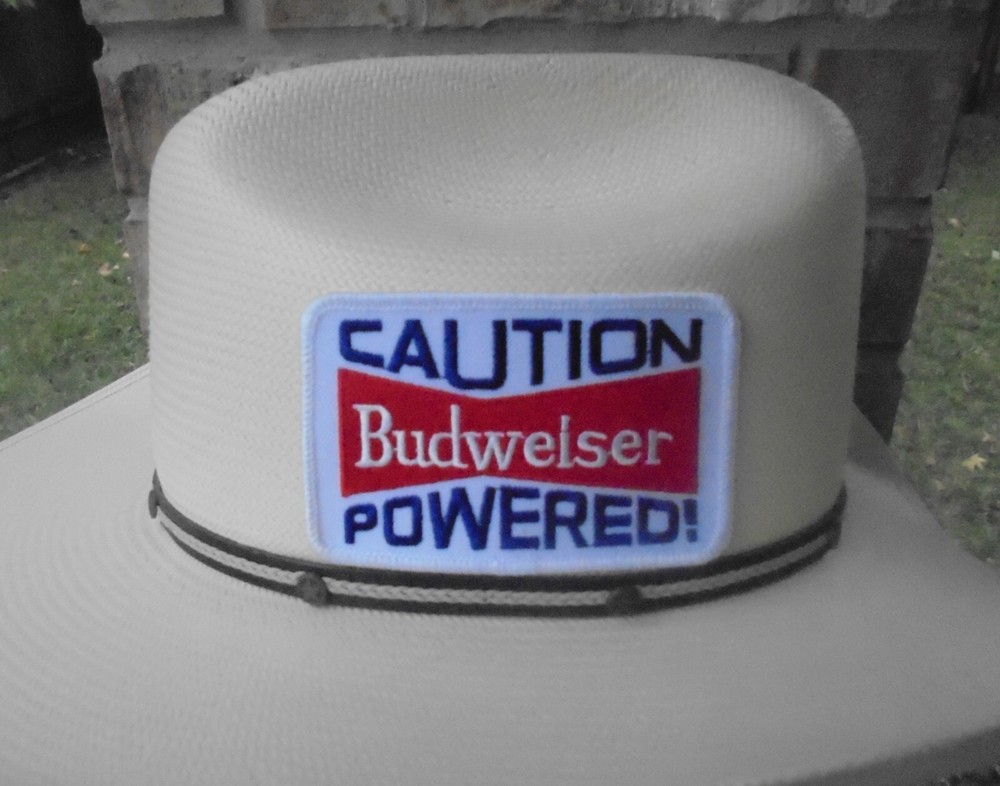 CAUTION BUDWEISER POWERED! ADHESIVE BACK PATCH  4 BY 2.5"