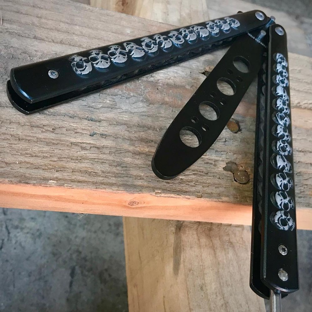 SILVER Skull High Quality Practice METAL Trainer Blade BUTTERFLY HANDLE