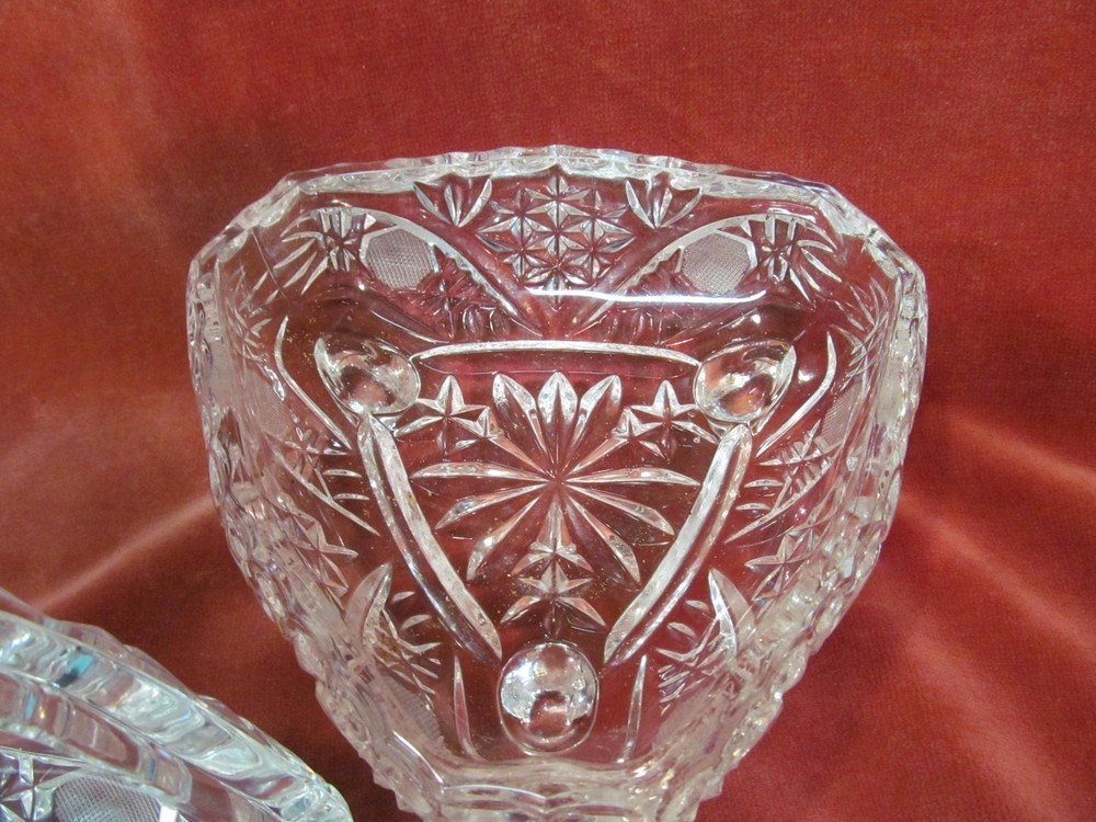 8 3/4" TRIANGULAR PRESSED GLASS LIDDED & FOOTED CANDY DISH WITH SPIKE SPIRE