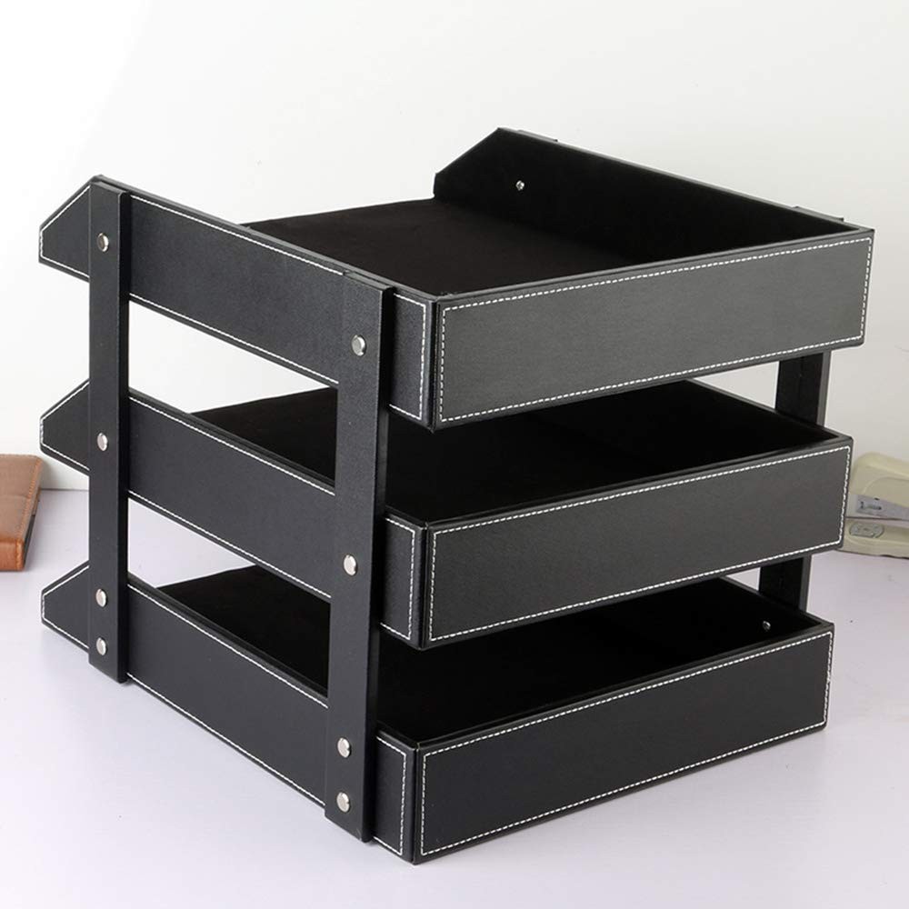 Leather Desk File Organizer, 3-Layer Stackable Tray, Used to documents, folde...