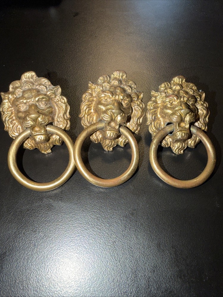 Antique Vintage Solid Brass Lions Lion's Head Knob Pull Drop Handle