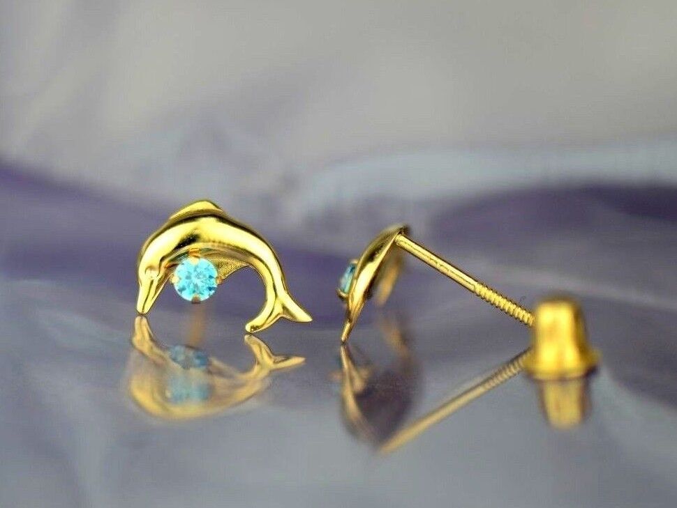 14k yellow gold dolphin earrings stud cz