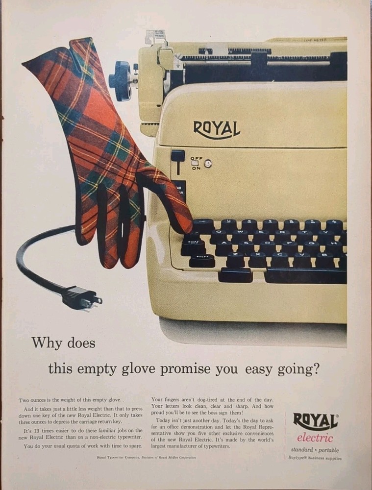 1956 Tan Royal Electric Typewriter Print Ad, Simple Light Weight Touch