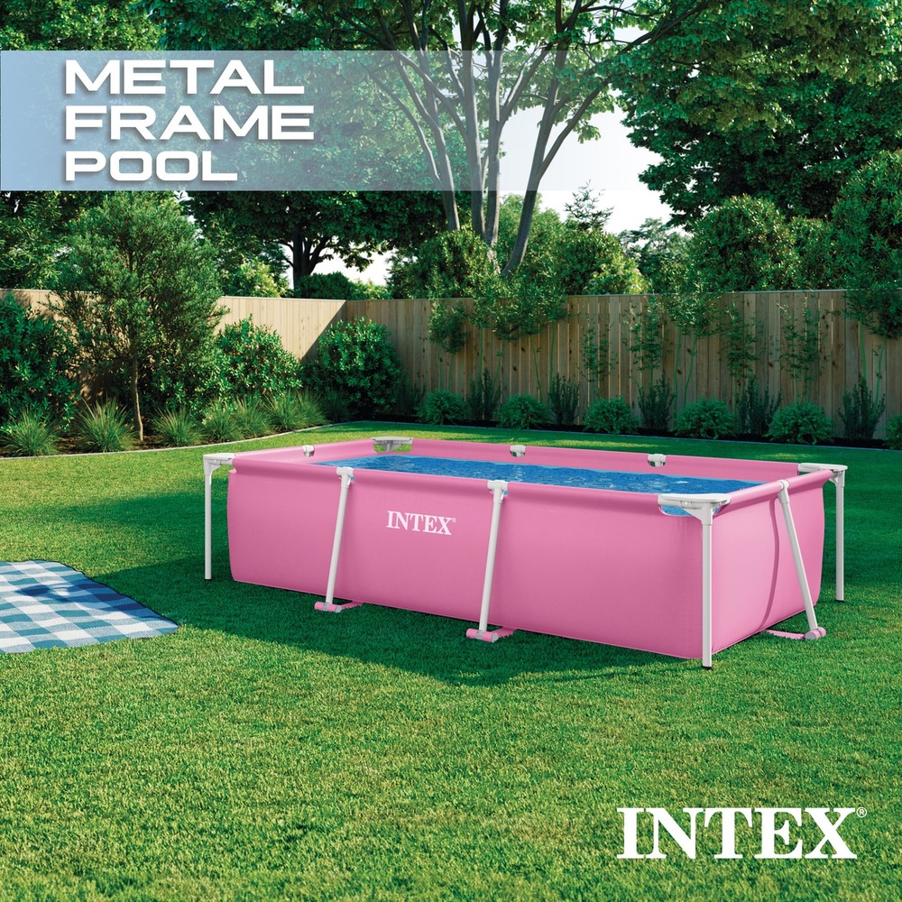 INTEX 8.5ft x 26in Rectangular Frame Above Ground Backyard Swimming Pool, Pink