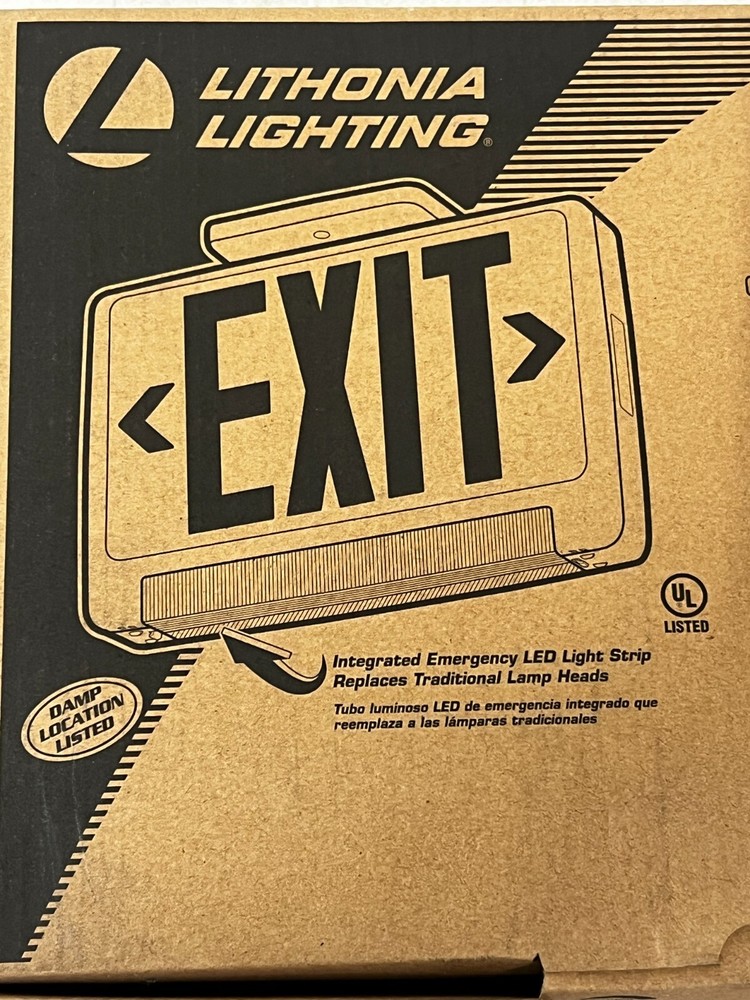 QTY 2 Exit Sign w/Emergency Lights: White, 1 or 2 Faces, Red, LED, Ceiling/Wall