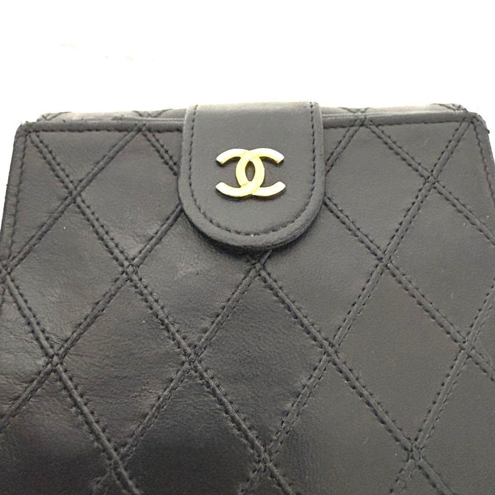 CHANEL Bi-fold Wallet Bicolore Coco Mark Double Snap Closure Black, Authentic