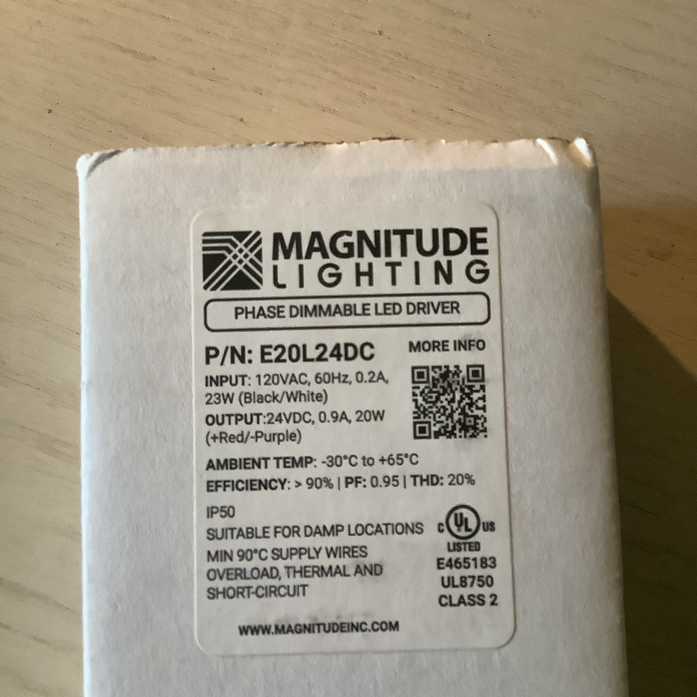 Magnitude E20L24DC, Phase Dimmable LED Driver, 20 watt , 24 vdc,