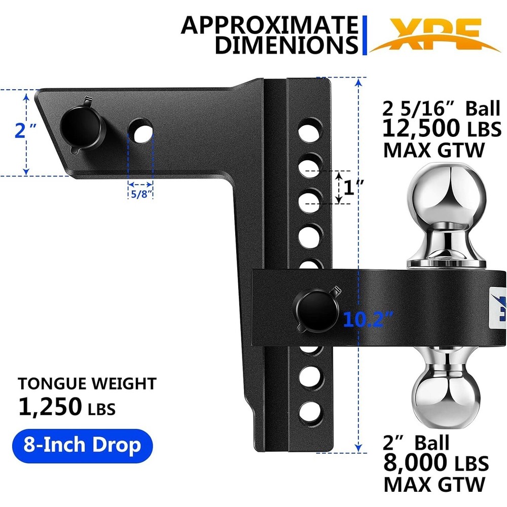 XPE Adjustable Drop Hitch 2" Receiver 8" Drop Rise Trailer Hitch Black