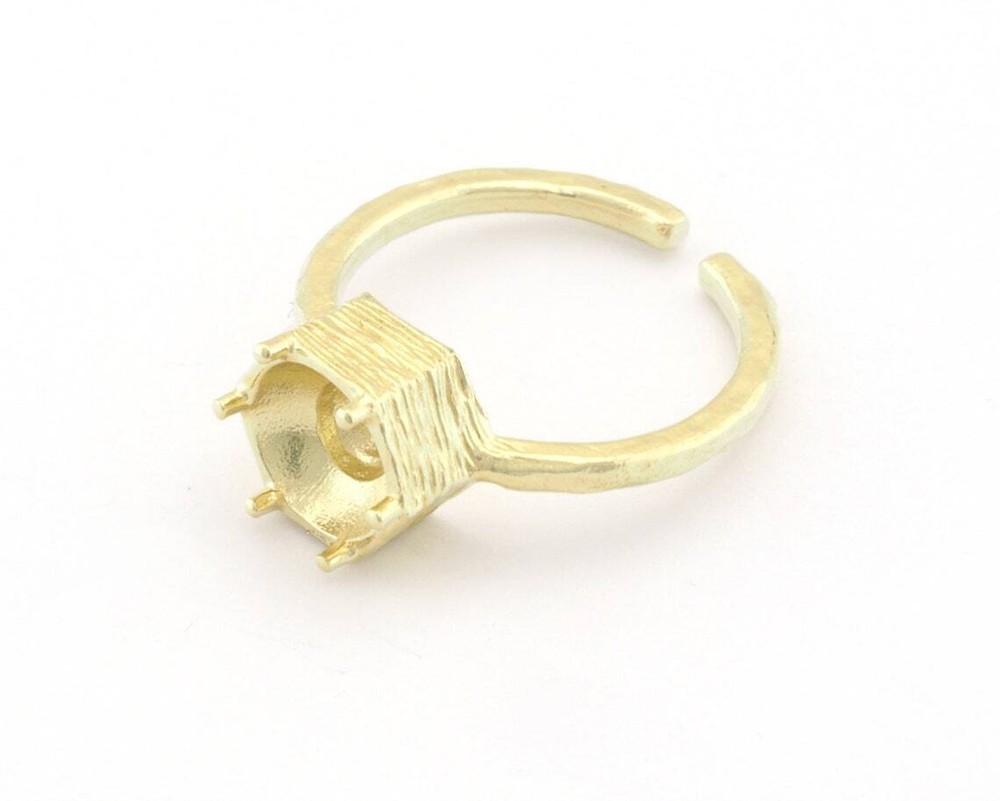 Hexagonal Brushed Edge Base Adjustable Ring Shiny Silver-Gold raw brass 4718
