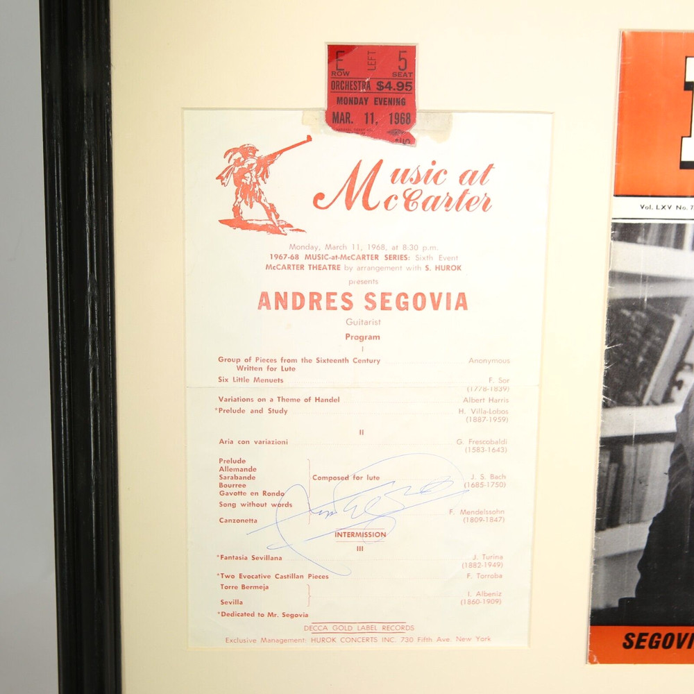 Andres Segovia Guitarist Signed Autograph Performance Program & Ticket Stub 1968