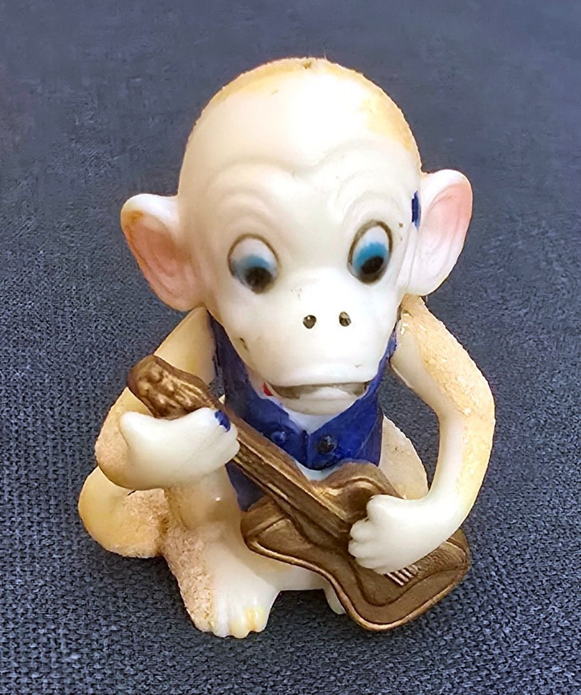 Strange & Unusual Small Plastic Monkey with Guitar Figure