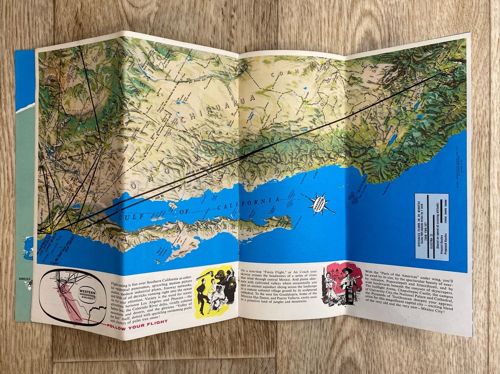 Western Airlines System Route Map and Information Guide 1960s Fold Out Maps