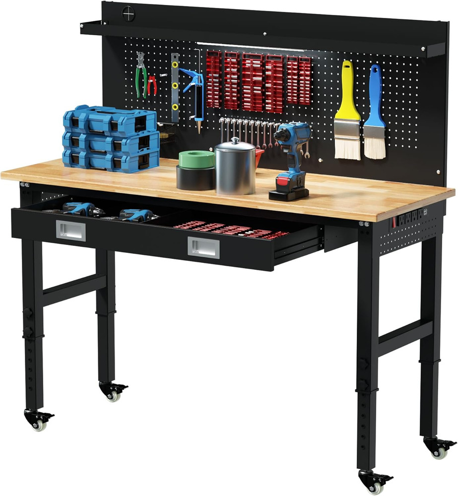 Betterhood 60" Heavy Duty Adjustable Workbench with Large Pegboard & LED Light,