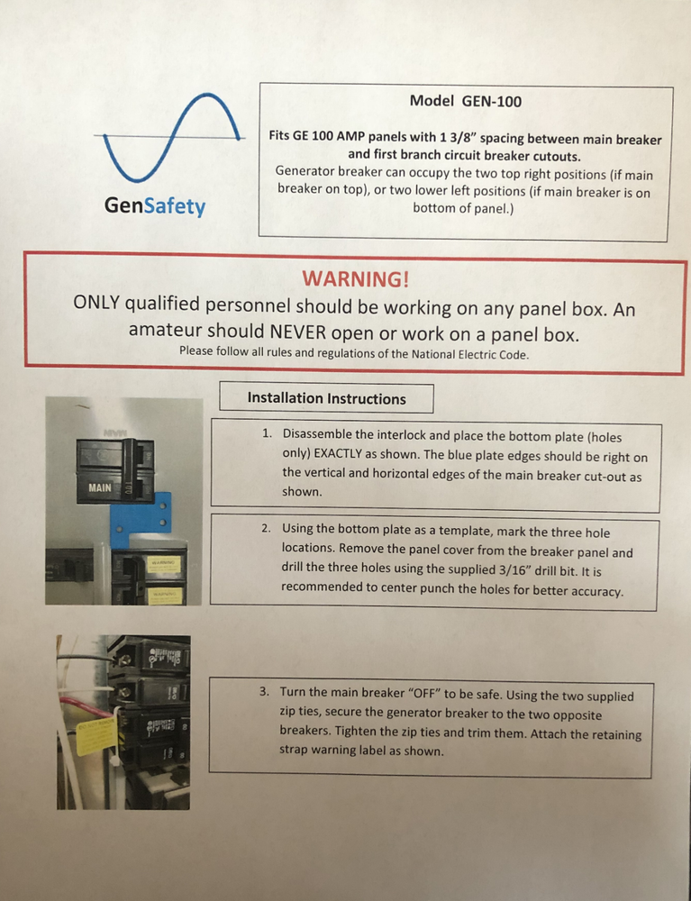 Generator Interlock Kit for GE 100 Amp Panel GEN-100