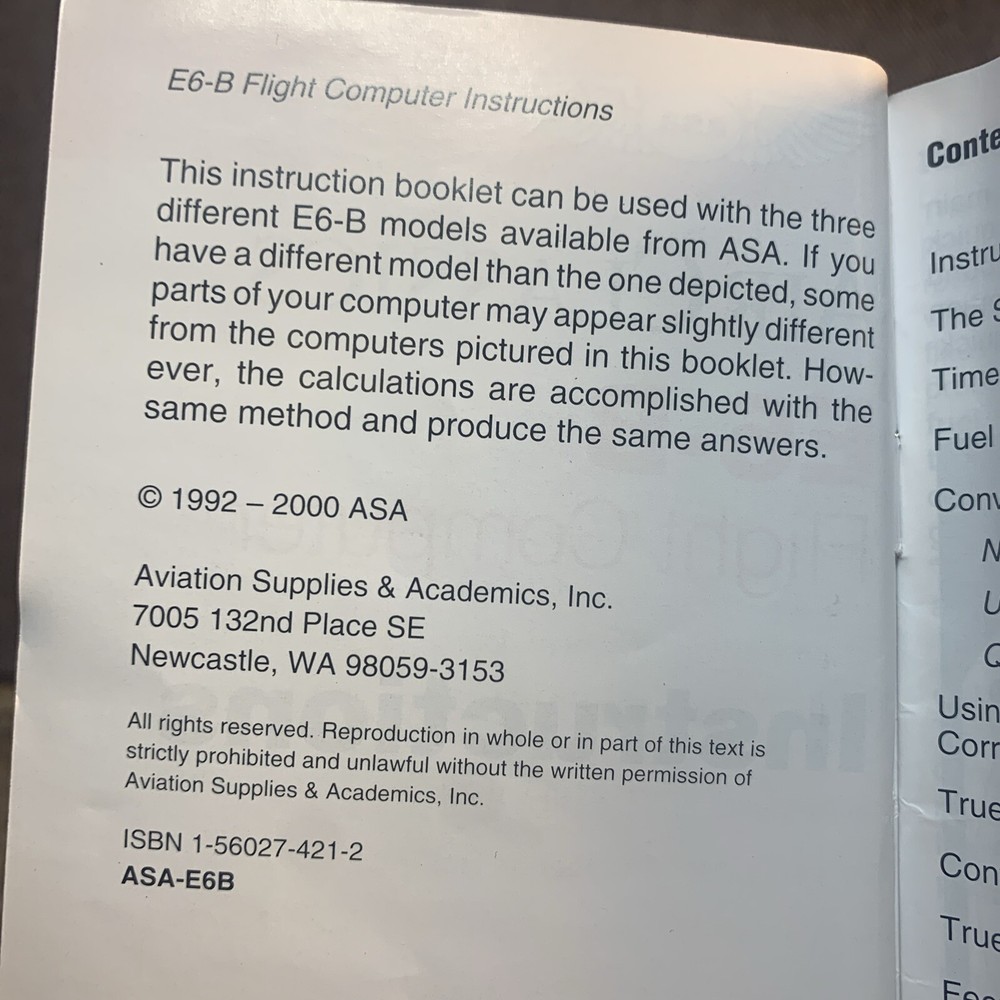 ASA Air Classics L E6-B Flight Computer Instructions & Clear Plastic Sleeve