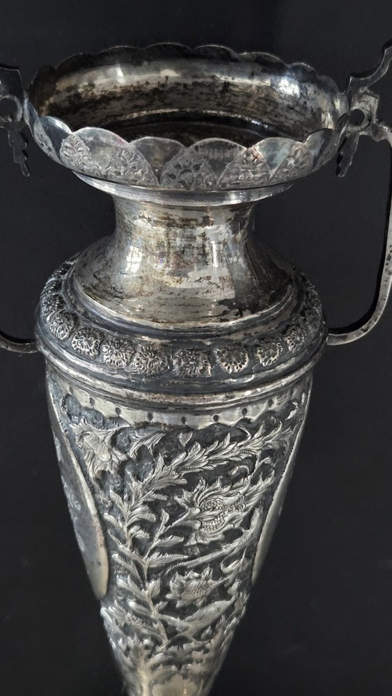 Large Genuine Antique Middle Eastern Solid Silver Vase Tree Of Life Design