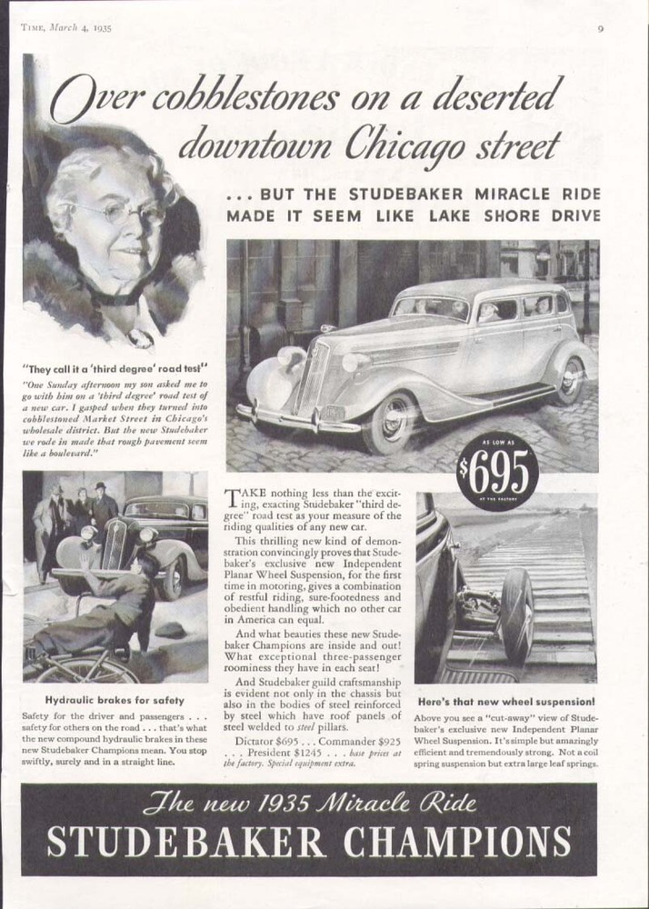 Over cobblestones downtown Chicago Studebaker ad 1935