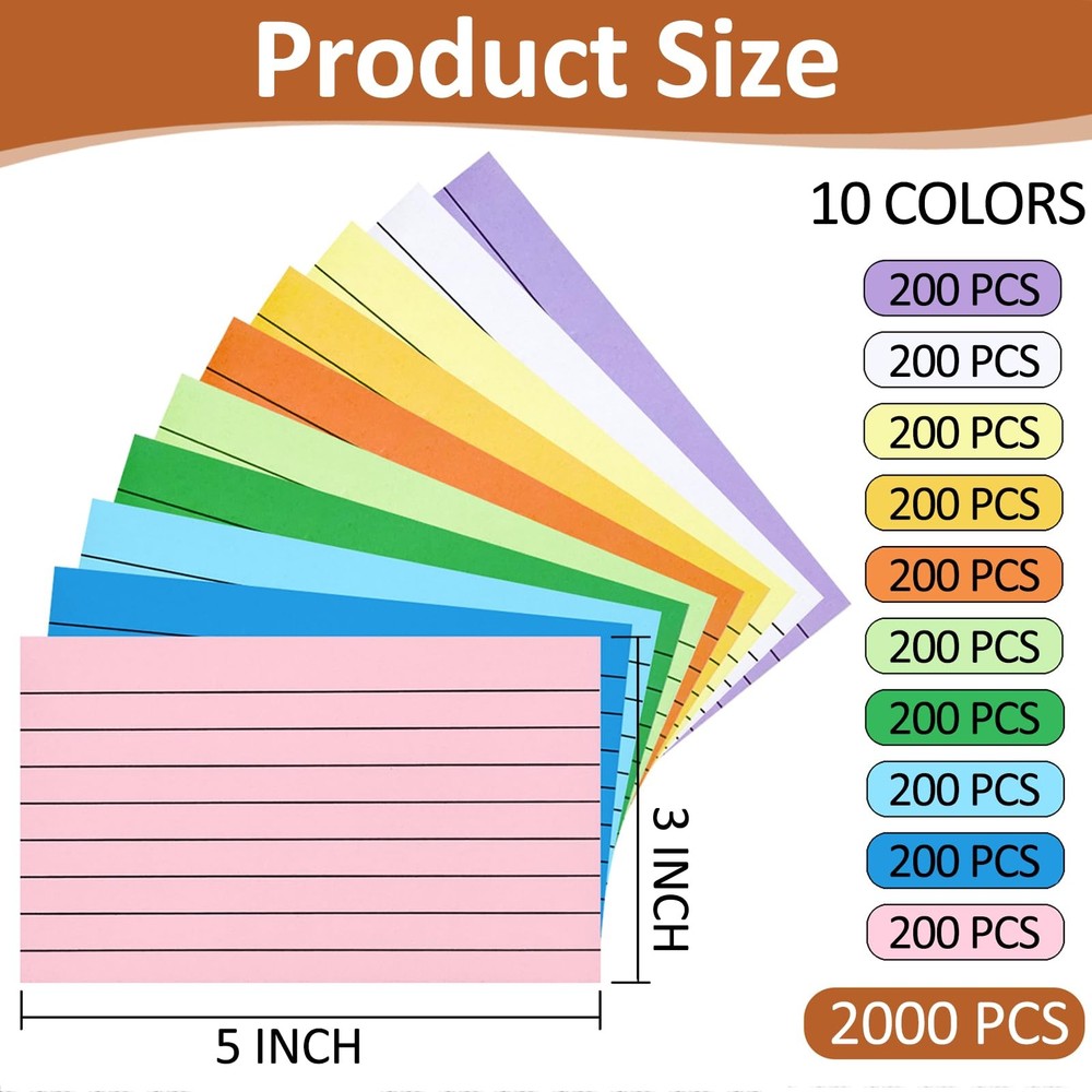 2000 Count Colored Index Cards 3x5, Lined Note Cards, Notecards, Study Cards,...