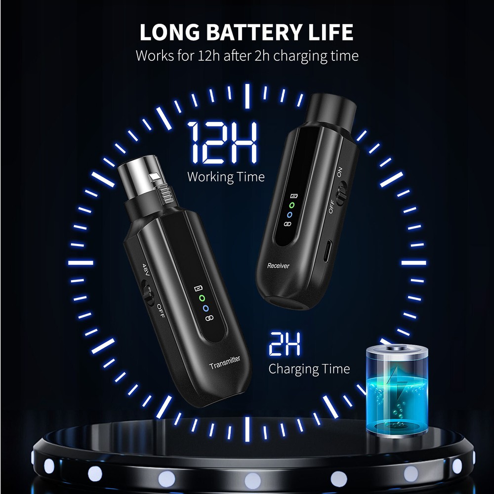 Wireless Microphone Transmitter Receiver 2.4Ghz, XLR System Rechargeable